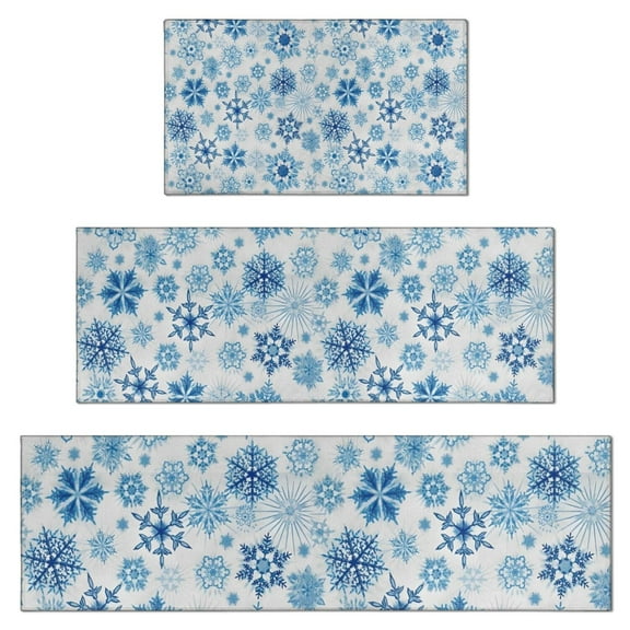 Blue Christmas Snowflake Pattern Kitchen Rugs Sets Of 3,Kitchen Runner Rugs Non Skid Washable,Decorative Kitchen Floor Mats for Kitchen,Sink,Laundry,17"x30"+ 17"x47" + 17"x59"