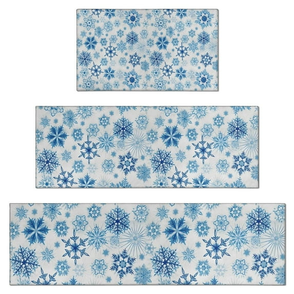 Blue Christmas Snowflake Pattern Kitchen Rugs Sets Of 3,Kitchen Runner Rugs Non Skid Washable,Decorative Kitchen Floor Mats for Kitchen,Sink,Laundry,17"x30"+ 17"x47" + 17"x59"