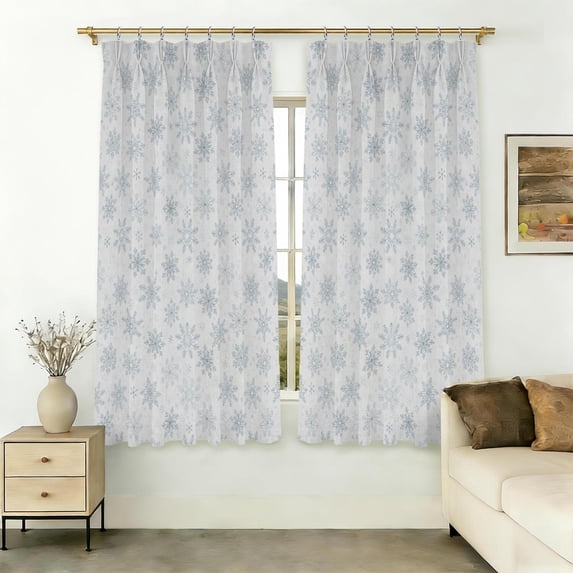 Blue Christmas Snowflake Pattern Pinch Pleat Semi Sheer Linen Curtains ...