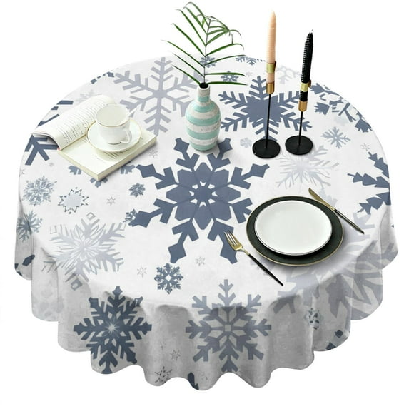 Blue Christmas Snowflake Pattern Round Tablecloth 60"x60",Wrinkle Wipeable Table Cloth for Kitchen Dining Room Picnic Patio Party