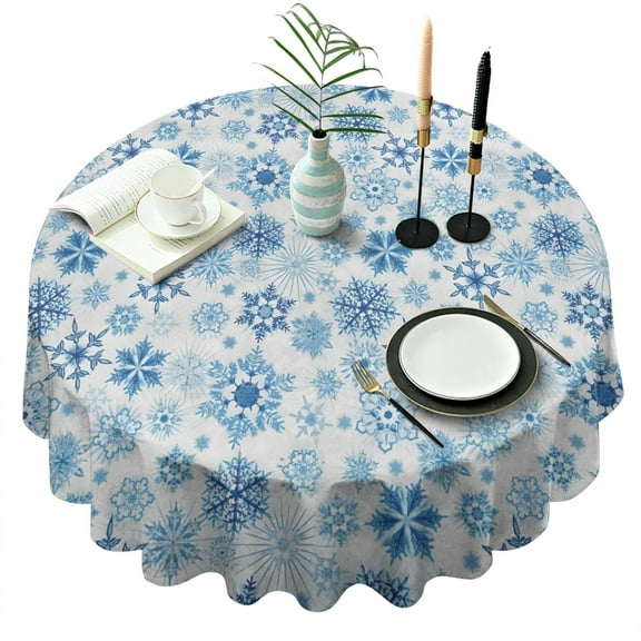 Blue Christmas Snowflake Pattern Round Tablecloth 60"x60",Wrinkle Wipeable Table Cloth for Kitchen Dining Room Picnic Patio Party