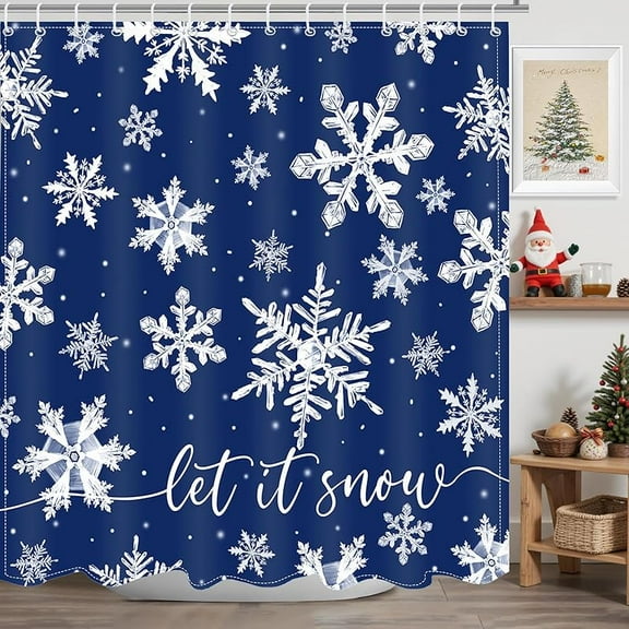 Blue Christmas Snowflake Shower Curtain Winter Snowflake Decorations Shower Curtain for Bath Snow Christmas Holidays Bathroom Decor Waterproof Fabric Shower Curtain with 12 Hooks (BLUE, 72''x 72'')
