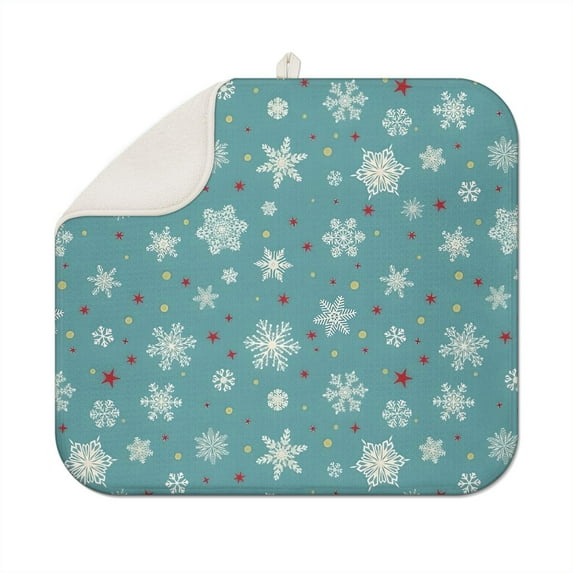 Blue Christmas Snowflake and Star Pattern Dish Drying Mat for Kitchen 1 Pack, Ultra Absorbent Microfiber Dishes Drainer Mats,16x18in(41x46cm)