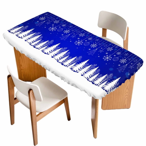 Blue Christmas Snowflakes Table Cloths for 3 Foot Rectangle Tables, Xmas Balls Winter Pine Tree Patio Waterproof Elastic Fitted Tablecloths, Washable Rectangular Table Cover for Camping