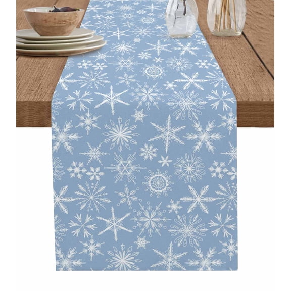 Blue Christmas Snowflakes Table Runner 36 Inches, Modern Xmas Winter Textured Bed Runner Dresser Scarves Tabletop for Indoor Outdoor Parties/Ceremony/Banquet, 13"x 36"