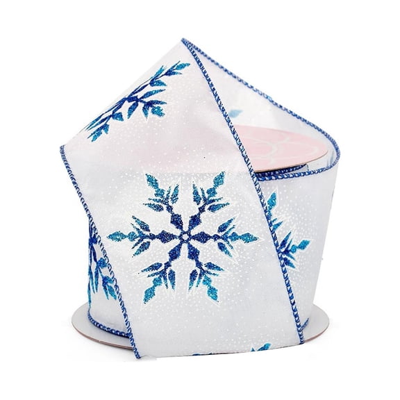 Blue Christmas Snowflakes Wired Ribbon - 2 1/2" x 10 Yards, White Satin, Gift Wrap, Wreath, Garland, Tree Topper Bow, Gift Basket, Presents