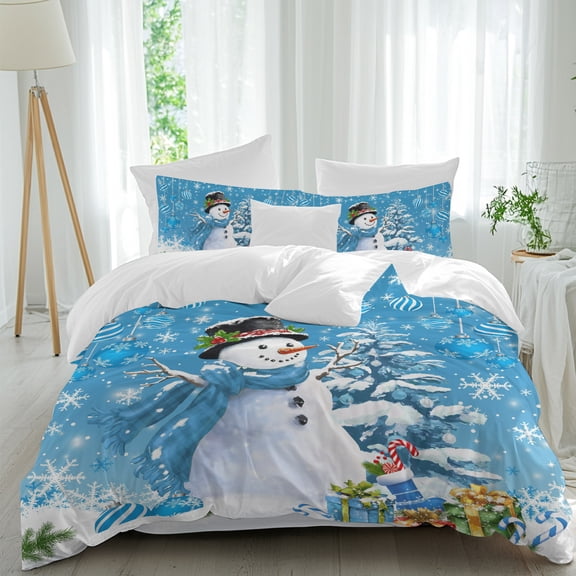 Blue Christmas Snowman 4 Piece Duvet Cover Set California King Size Xmas Balls Pine Tree Snowflake Winter Soft Bedding Set Comforter Cover, 1 Duvet Cover 1 Flat Sheets and 2 Pillowcases