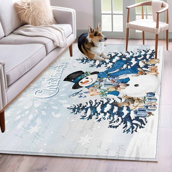 Blue Christmas Snowman Area Rugs 3'x5', Washable Small Throw Rugs for Living Room Bedroom, Xmas Tree Elk Gifts Snowflake Ombre Indoor Outdoor Rug Non-Slip Low Pile Carpet Runner Reversible Floor Mats