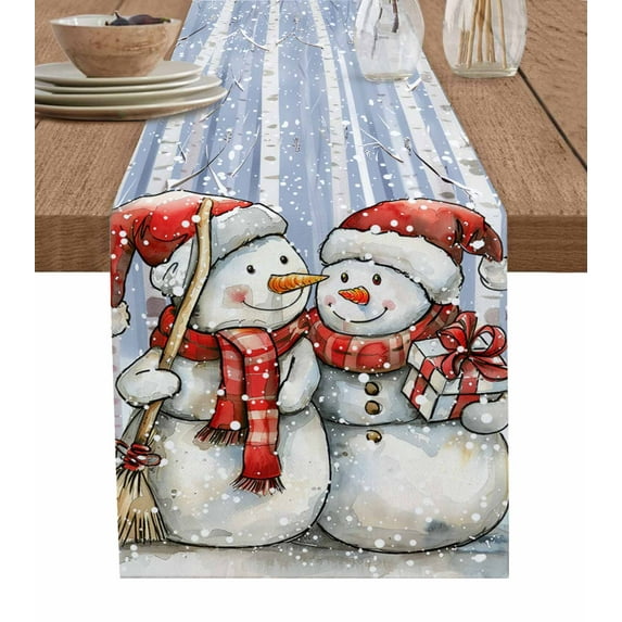 Blue Christmas Snowman Burlap-Cotton Table Runner 36 Inches Long,Xmas Tree Snowflake Farmhouse Table Runners,Outdoor Dining Tablecloths Decor for Baby Shower/Party/Wedding 13x36