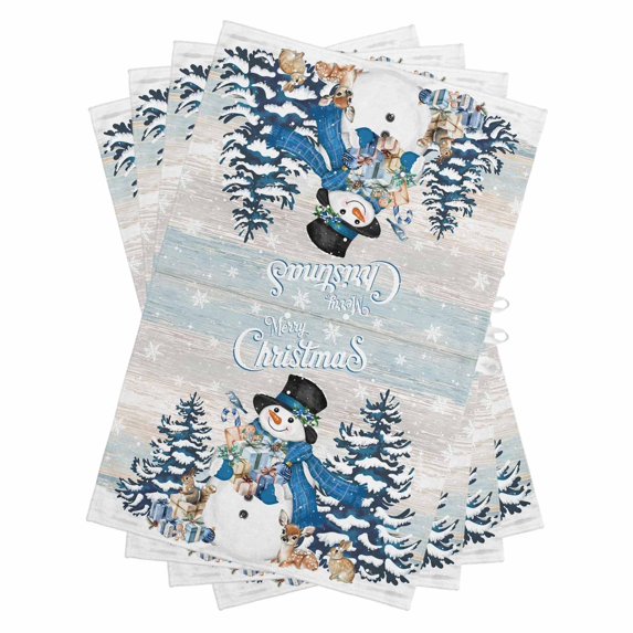 Blue Christmas Snowman Kitchen Towels Set of 4, Water Absorbent Dish Towel, Xmas Tree Elk Gifts Snowflake Vintage Decorative Hand Towels - Quick Drying Cloth for Cooking Baking, 18x28 Inch