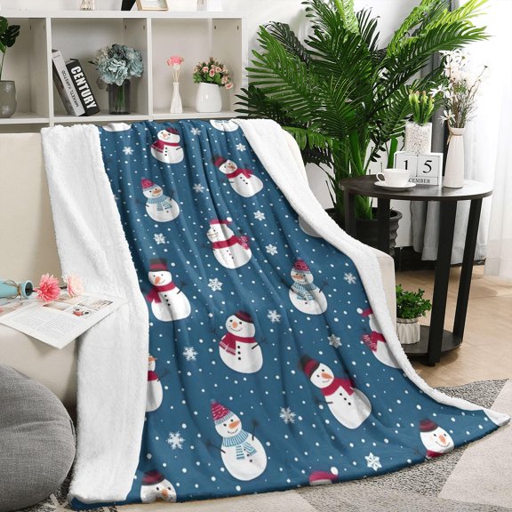Blue Christmas Snowman Pattern Blanket,Comfortable Soft Flannel Throw Blanket,All Season,Warm Lightweight Blankets for Sofa Bed Couch Living Room Chair,50"x60"