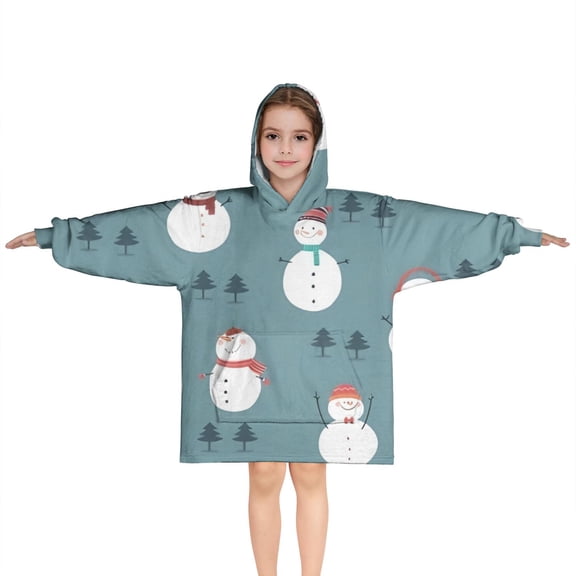 Blue Christmas Snowman Pattern Blanket Hoodies for Kids 6-13YR Oversize Wearable Blanket Hoodies for Boys Girls Teens