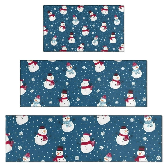 Blue Christmas Snowman Pattern Kitchen Rugs Sets Of 3,Kitchen Runner Rugs Non Skid Washable,Decorative Kitchen Floor Mats for Kitchen,Sink,Laundry,17"x30"+ 17"x47" + 17"x59"