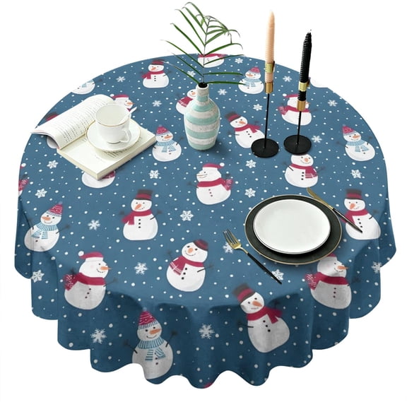 Blue Christmas Snowman Pattern Round Tablecloth 60"x60",Wrinkle Wipeable Table Cloth for Kitchen Dining Room Picnic Patio Party