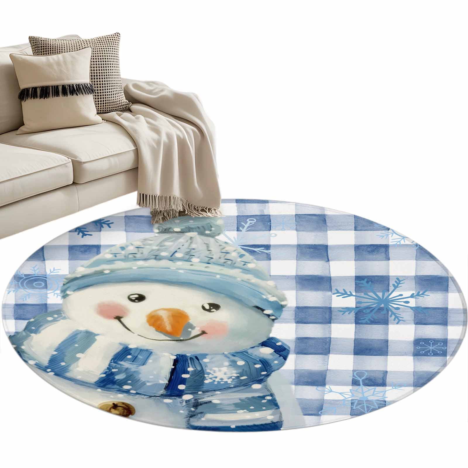 Round Blue Snowflake Rug Blue Christmas Snowman Round Area Rug 4 FT, Non Slip Indoor Outdoor Rug ...