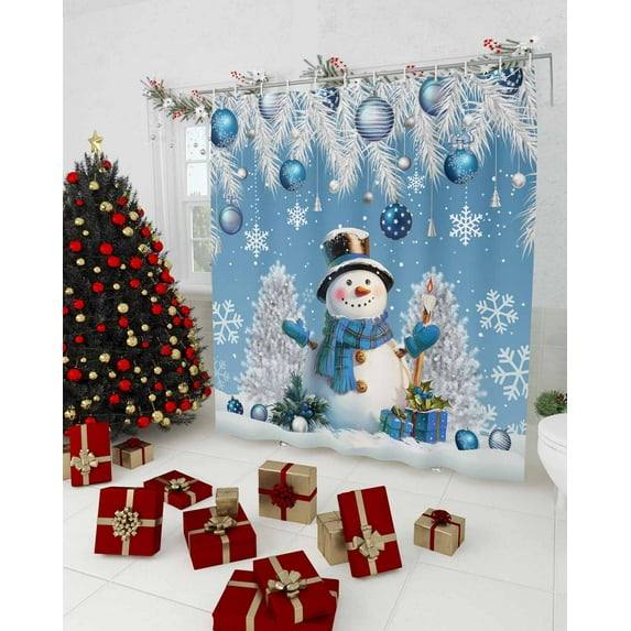 Blue Christmas Snowman Shower Curtain, Xmas Pine Tree Snowflake Funny Waterproof Washable Boho Funny Cute Shower Curtains Set for Bathroom Farmhouse Bathtubs Decor with Hook, 72"Wx84"L