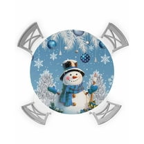 Blue Christmas Snowman Table Cloth, Round Fitted Tablecloths with Elastic Edge, Xmas Pine Tree Snowflake Funny Wipeable Waterproof Table Cover for Kitchen Wedding 36-44 Inches