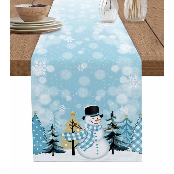 Blue Christmas Snowman Table Runner 48 Inches, Xmas Trees Winter Snowflake Bed Runner Dresser Scarves Tabletop for Indoor Outdoor Parties/Ceremony/Banquet, 13" x 48"