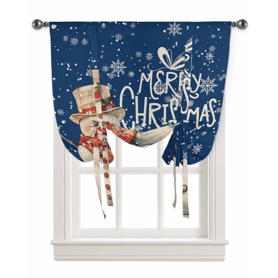 Blue Christmas Snowman Tie Up Curtains for Window, Vintage Xmas Snowflake Thermal Insulted Balloon Shade Adjustable Rod Pocket Curtains Valance Panels for Kitchen Bathroom Café 42 x 54