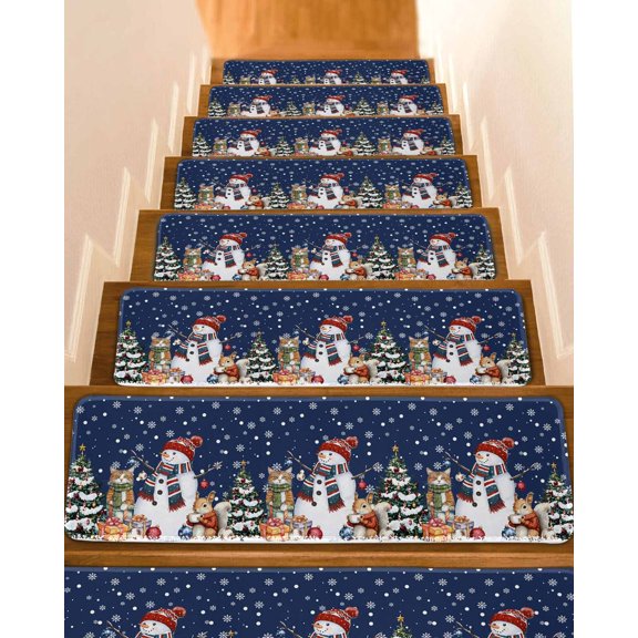 Blue Christmas Stair Treads for Wooden Steps Indoor Runner Rug Carpet, Snowman Squirrel Cat Snowflakes Pine Tree 4 Pieces Peel and Stick Staircase Step Treads Covers Washable Throw Door Mats, 30"x8"