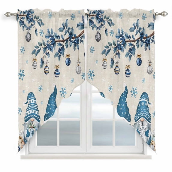 Blue Christmas Swag Valances for Windows, Kitchen Curtains 36 Inch Length 2 Panels Set, Xmas Gnomes Balls Tree Snowflake Gifts Short Curtains for Small Windows Rod Pocket Cafe Curtains Drapes 28"x36"