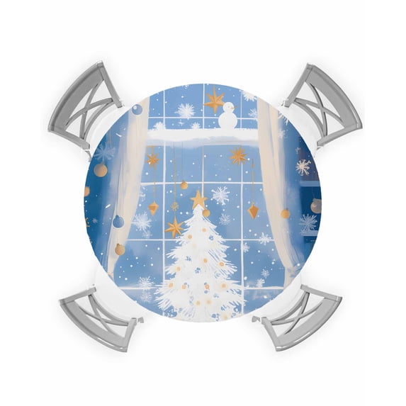 Blue Christmas Table Cloth, Round Fitted Tablecloths with Elastic Edge, Xmas Tree Snowflake Winter Wipeable Waterproof Table Cover for Kitchen Wedding 55-60 Inches
