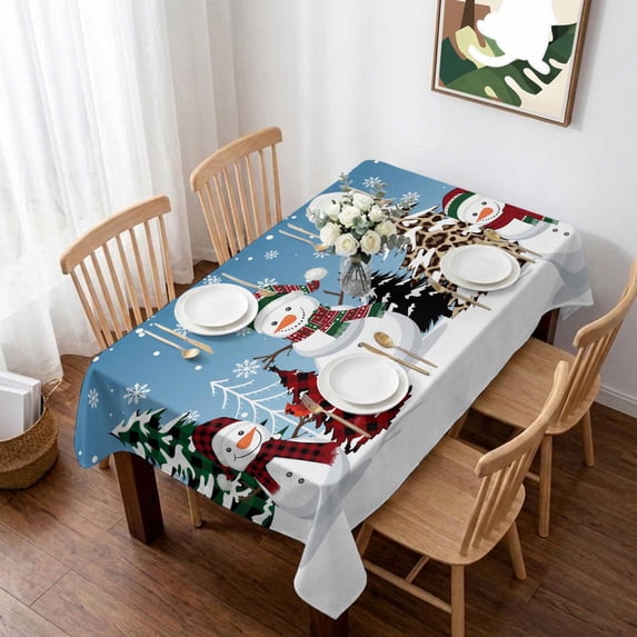Blue Christmas Table Cloth Waterproof Tablecloths, Snowman Xmas Tree Winter Snowflake Tablecloth Dining Table Cover for Kitchen Party Tabletop Outdoor, Rectangle Tablecloth 60x102 Inch