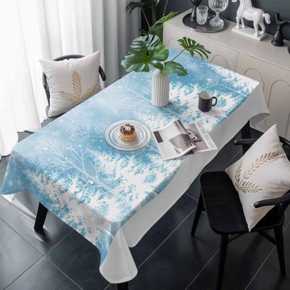 Blue Christmas Table Cloth Waterproof Tablecloths, Winter White Xmas Pine Tree Snow Scene Tablecloth Dining Table Cover for Kitchen Party Tabletop Outdoor, Rectangle Tablecloth 60x120 Inch
