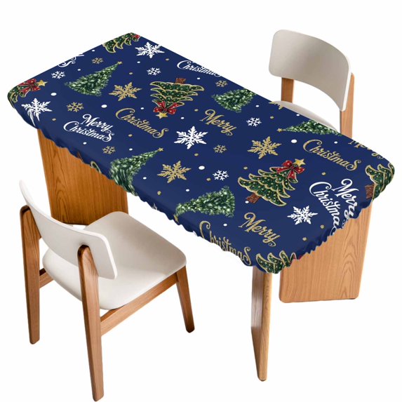Blue Christmas Table Cloths for 3 Foot Rectangle Tables, Winter Pine Tree Gold White Snowflakes Patio Waterproof Elastic Fitted Tablecloths, Washable Rectangular Table Cover for Camping