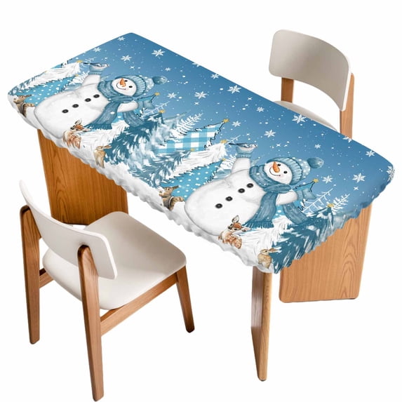 Blue Christmas Table Cloths for 4 Foot Rectangle Tables, Snowman Xmas Tree Snowflake Elk Winter Patio Waterproof Elastic Fitted Tablecloths, Washable Rectangular Table Cover for Camping