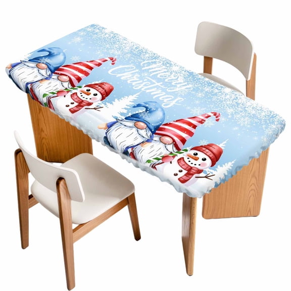 Blue Christmas Table Cloths for 4 Foot Rectangle Tables, Winter Snowman Gnomes Pine Trees Snowy Patio Waterproof Elastic Fitted Tablecloths, Washable Rectangular Table Cover for Camping