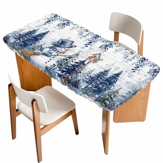 Blue Christmas Table Cloths for 5 Foot Rectangle Tables, Snowman Eucalyptus Leaves Snowflake Wooden Patio Waterproof Elastic Fitted Tablecloths, Washable Rectangular Table Cover for Camping