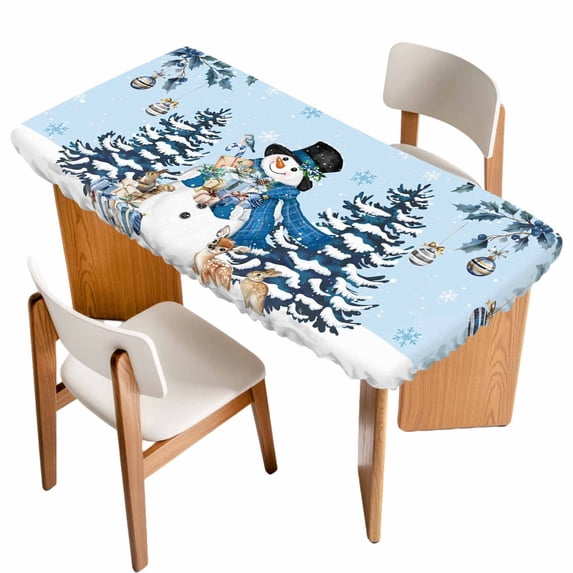 Blue Christmas Table Cloths for 5 Foot Rectangle Tables, Snowman Xmas Tree Balls Snowflake Patio Waterproof Elastic Fitted Tablecloths, Washable Rectangular Table Cover for Camping