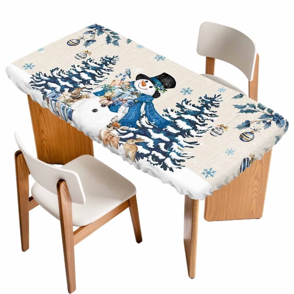 Blue Christmas Table Cloths for 5 Foot Rectangle Tables, Snowman Xmas Tree Balls Snowflake Rustic Patio Waterproof Elastic Fitted Tablecloths, Washable Rectangular Table Cover for Camping