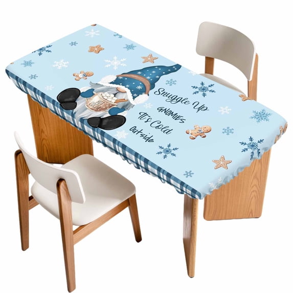 Blue Christmas Table Cloths for 5 Foot Rectangle Tables, Xmas Gnomes Snowflakes Gingerbread Man Patio Waterproof Elastic Fitted Tablecloths, Washable Rectangular Table Cover for Camping