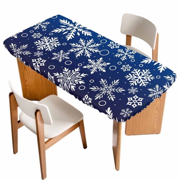 Blue Christmas Table Cloths for 5 Foot Rectangle Tables, Xmas Snowflake White Patio Waterproof Elastic Fitted Tablecloths, Washable Rectangular Table Cover for Camping