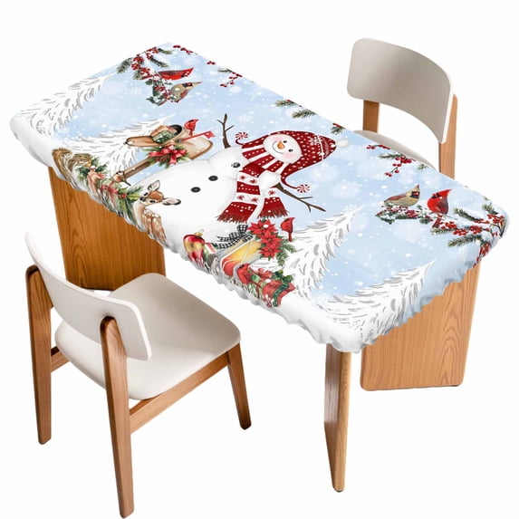 Blue Christmas Table Cloths for 6 Foot Rectangle Tables, Red Snowman Xmas Tree Snowflake Winter Patio Waterproof Elastic Fitted Tablecloths, Washable Rectangular Table Cover for Camping