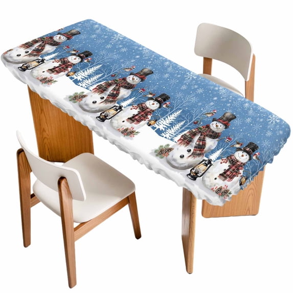Blue Christmas Table Cloths for 8 Foot Rectangle Tables, Snowman Snowflake Winter Birds Patio Waterproof Elastic Fitted Tablecloths, Washable Rectangular Table Cover for Camping