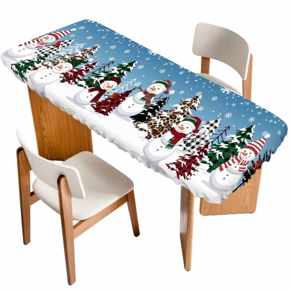 Blue Christmas Table Cloths for 8 Foot Rectangle Tables, Snowman Xmas Tree Winter Snowflake Patio Waterproof Elastic Fitted Tablecloths, Washable Rectangular Table Cover for Camping
