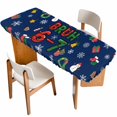 thumbnail image 1 of Blue Christmas Table Cloths for 8 Foot Rectangle Tables, Winter Xmas Sbowflakes Snowmans Cartoon Patio Waterproof Elastic Fitted Tablecloths, Washable Rectangular Table Cover for Camping, 1 of 8