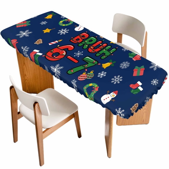 Blue Christmas Table Cloths for 8 Foot Rectangle Tables, Winter Xmas Sbowflakes Snowmans Cartoon Patio Waterproof Elastic Fitted Tablecloths, Washable Rectangular Table Cover for Camping