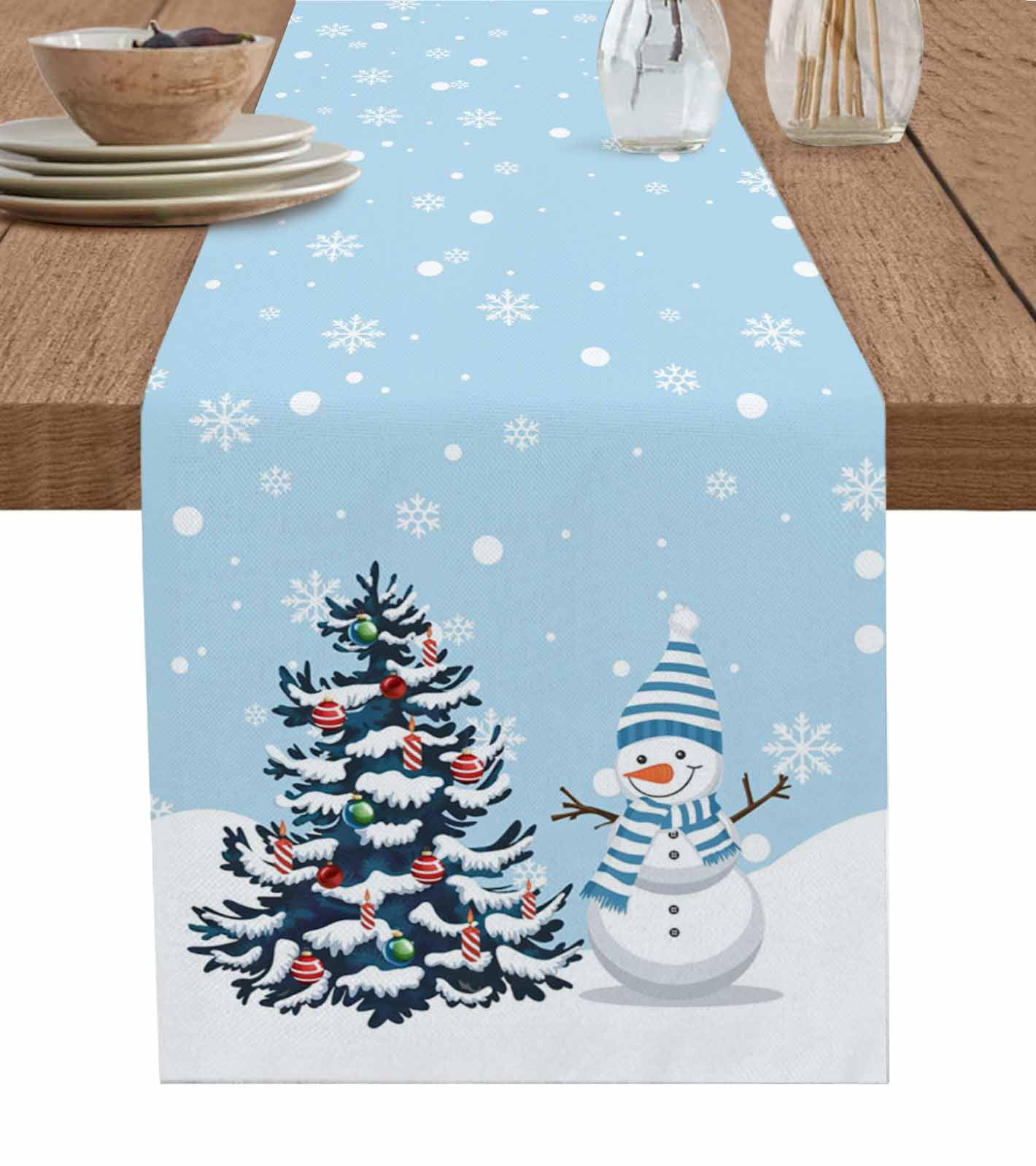 Snow Table Runner Blue Christmas Table Runner 120 Inches, Snowman Pine Tree Ball Winter ...