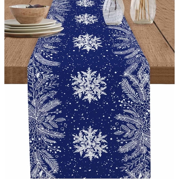 Blue Christmas Table Runner 36 Inches Long for Dining Table Decor, Cotton Linen Winter Snowflake Table Runner Washable Dresser Scarf for Kitchen Christmas Holiday Seasonal Leaves Pine Cones