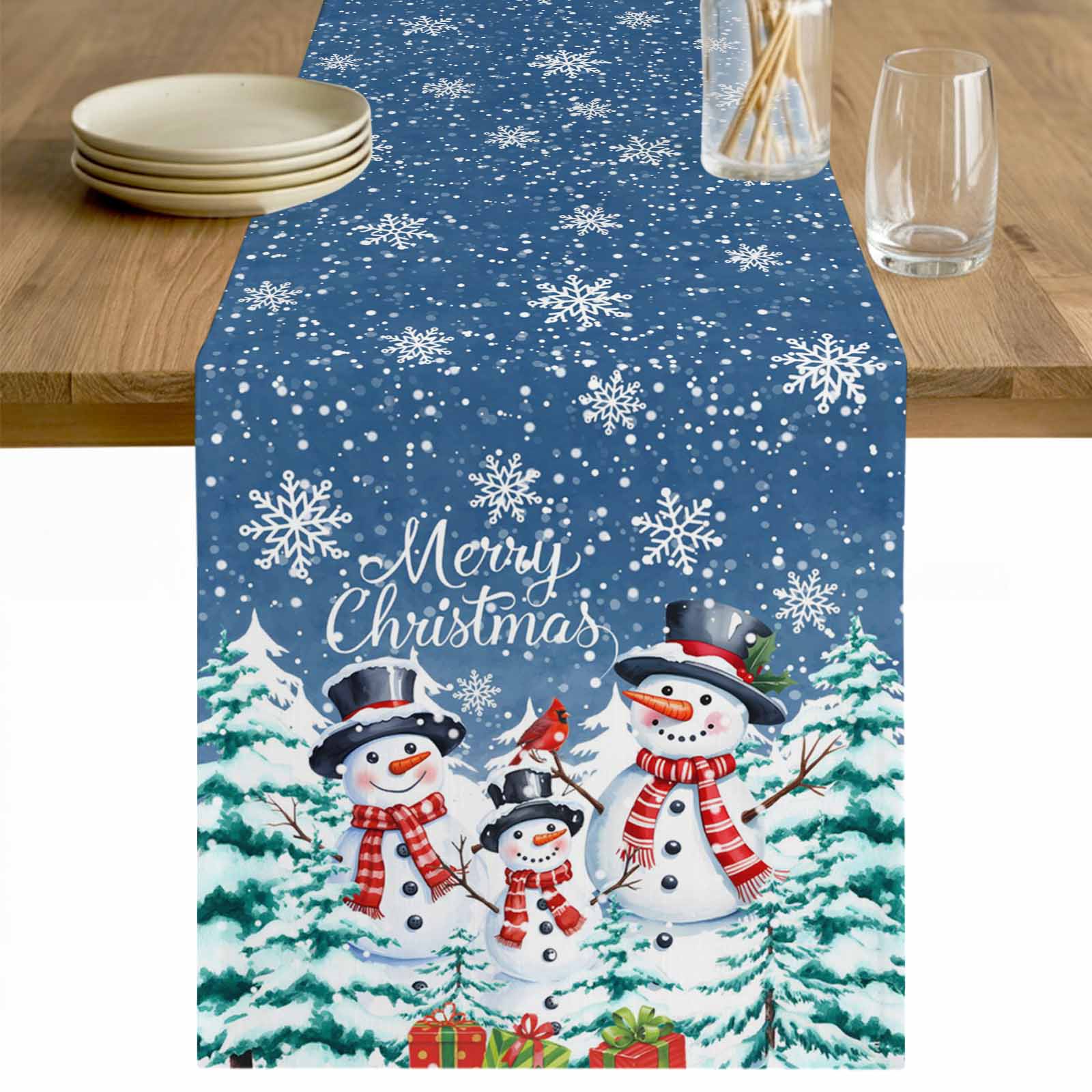 Snow Table Runner Blue Christmas Table Runner 36 Inches Long Farmhouse Dress Scarves ...