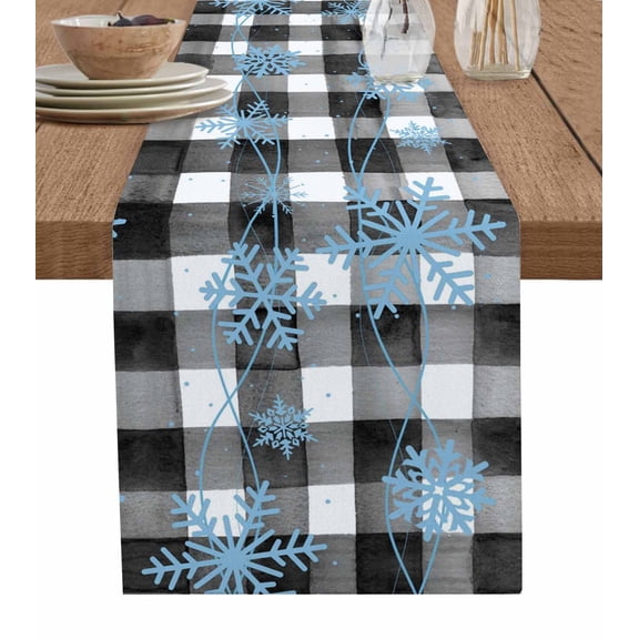 Blue Christmas Table Runner 48 Inches, Black Buffalo Plaid Winter Xmas Snowflake Bed Runner Dresser Scarves Tabletop for Indoor Outdoor Parties/Ceremony/Banquet, 13" x 48"