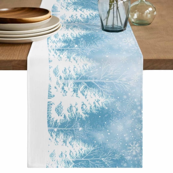 Blue Christmas Table Runner 48 Inches, Winter White Xmas Pine Tree Snow Scene Bed Runner Dresser Scarves Tabletop for Indoor Outdoor Parties/Ceremony/Banquet, 13" x 48"