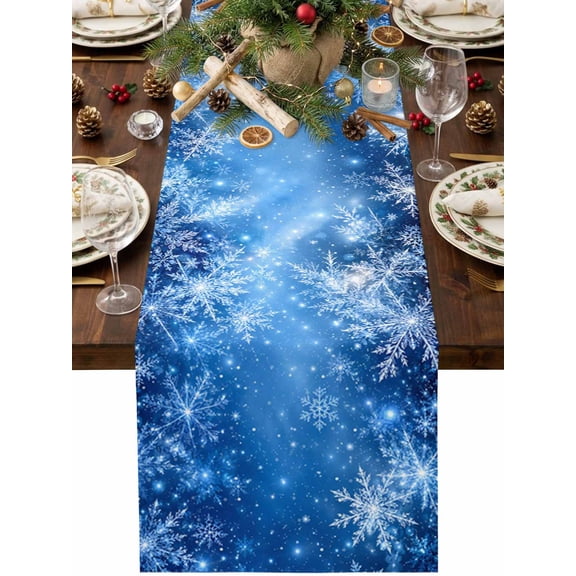 Blue Christmas Table Runner, Xmas Snowflake Winter Sparkle Washable Cotton Linen Table Runners 60 Inches Long, Dresser Scarf Runner for Coffee/TV Stands/Kitchen/Cabinets 13''x60''