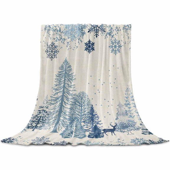 Blue Christmas Throw Blanket for Couch, Soft Lightweight Flannel Fleece Blanket, Xmas Tree Forest Snowflake Rustic Microfiber Plush All Season Decorative Blankets Gifts for Sofa Office Travel 40"x50"