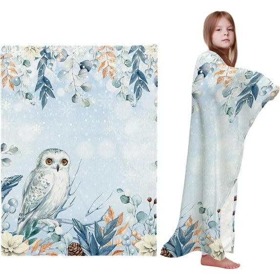 Blue Christmas Throw Blankets, Winter Snowy Owl Poinsettia Eucalyptus Leaves Soft Fleece Blanket Decorative for Home Sofa Couch Chair Living Bedroom,30x40 Inches,