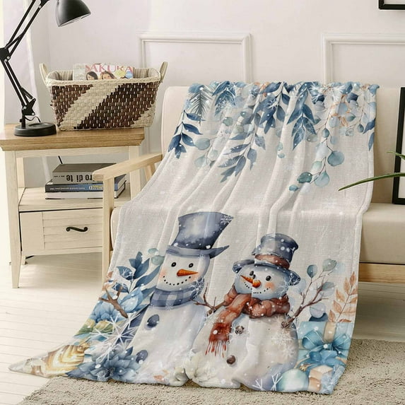 Blue Christmas Throw Flannel Blanket 30x40In Snowman Gift Flower Holly Eucalyptus Linen Super Soft Cozy Bed Blanket, Lightweight Plush Fuzzy Bed Throw for Bedroom Sofa Couch Living Room